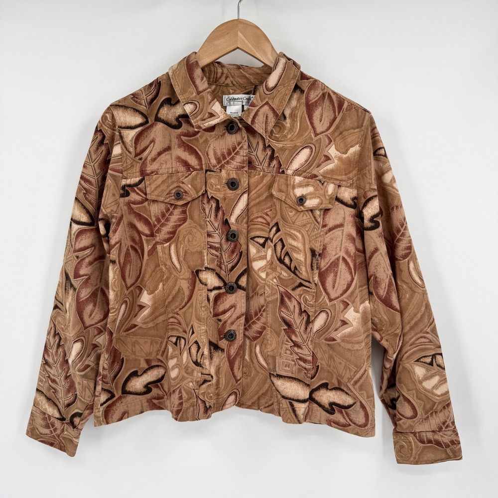 Coldwater Creek Brown/Tan Leaf Pattern Lightweight Fitted Blazer Jacket Sz L